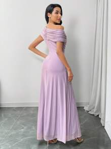 Modelyn 女士纯色不对称腰部夏季拼接时尚优雅连衣裙 - 紫色 - 查看 2