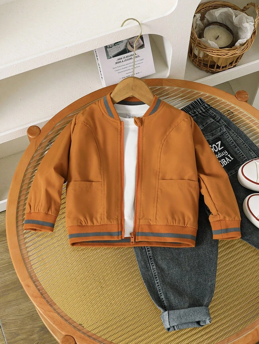 Young Boy Casual Sports Woven Fabric Zip-Up Jacket, Matching Sibling , Autumn Winter Kids Bomber Jacket Fall Winter Outerwear