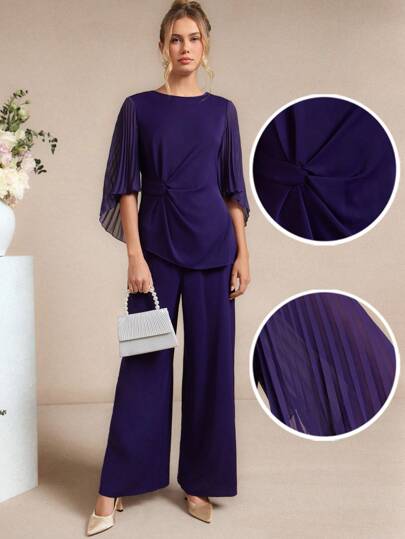 Amorya Women's New Elegant High-End Chiffon Pleated Sleeve Shirt & Wide Leg Pants 2 Pieces Set, Suitable For Afternoon Tea, Daily Wear And Multiple Occasions Suitable For Commute,Old Money Style Women,Business Casual Woman,Teacher Outfits For Women,2025new Linen Outfit Purple Sets For Women Wide Leg Pants Set Blouse And Pants Set Two Piece Set Pleated Sleeve Two Piece Pants Set,Work Outfits For Women