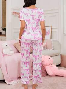 SHEIN Conjunto de pijama para mujer con estampado de lazo dulce - Blanco - Ver 2