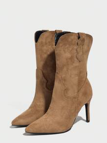 Daringsoles Giày bốt cao gót mũi nhọn gợi cảm dự tiệc cho nữ, bốt cao đến mắt cá chân bằng da lộn thêu họa tiết, màu nâu - màu nâu - Xem 2