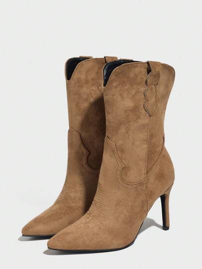 Daringsoles Botas de tacón de aguja de punta fina y tacón alto sexy para fiesta, botas de tobillo estilo occidental con bordados, color marrón