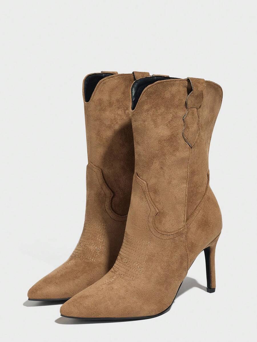 Daringsoles Giày bốt cao gót mũi nhọn gợi cảm dự tiệc cho nữ, bốt cao đến mắt cá chân bằng da lộn thêu họa tiết, màu nâu