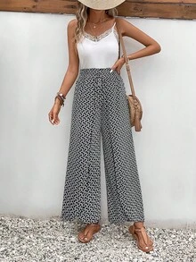 SHEIN PETITE CURVE Plus Size Women Geometric Print Tie Waist Wide Leg Loose Pants - Black - View 3