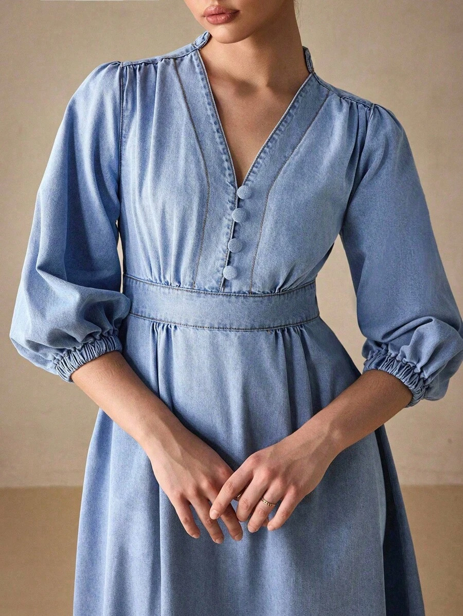 SHEIN LUNE Abito di jeans casual con maniche a lanterna e bottoni, da donna, per l'estate - Blu - Visualizzare 1