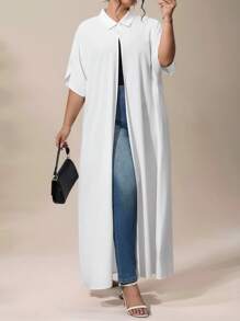 EMERY ROSE 夏季优雅外出上衣休闲白色短袖长款开襟衬衫领超大束腰外衣 - 白色 - 查看 1