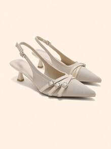 CUCCOO BASICS Giày cao gót hở mũi, đế kitten heel, mũi nhọn, thân trên dệt kim màu mơ, thoải mái, thoáng khí, phù hợp đi làm và đi chơi hàng ngày - Màu be - Xem 3