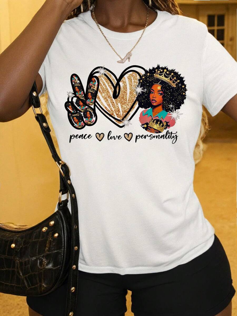 SHEIN EZwear 女士圖案印花短袖t卹 - 白色 - 查看 1