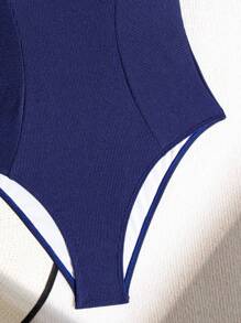 Shapewave 1 件女士优雅纯色罗纹面料连体泳衣，时尚简约，适合海滩、夏季 - 藏蓝色 - 查看 5