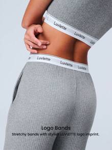 LUVLETTE 夏季运动风女式灰色柔软棉质罗纹内置罩杯文胸休闲上衣和裤子透气舒适睡衣套装，搭配弹力腰带带口袋运动裤，可作内衣外穿的配套套装 - 灰色 - 查看 8