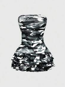 ROMWE J-Fashion Đầm ôm body mini họa tiết rằn ri gợi cảm Y2K dành cho nữ - Xám - Xem 2