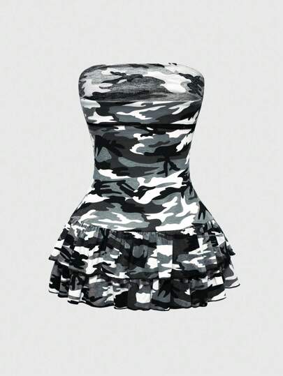J-Fashion Vestido mini abombado y sexy con estampado de camuflaje, vestido ajustado sin tirantes para mujeres