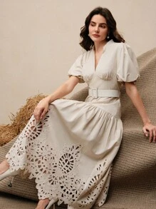 Anewsta Apricot V-Neck Short Sleeve Elegant Embroidered Belted A-Line Maxi Dress For Women, Autumn