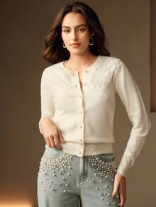 Anewsta Women's Elegant Knitted Cardigan With Pearl Buttons And Floral Embroidery, Round Neck, Suitable For Autumn/Winter