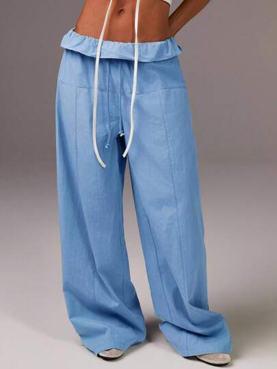 Athîral Women's Solid Color Fold-Over Waist Wide Leg Loose Casual Pants,Streewear,Going Out Wear, Back To School, Airport,Travel Wear