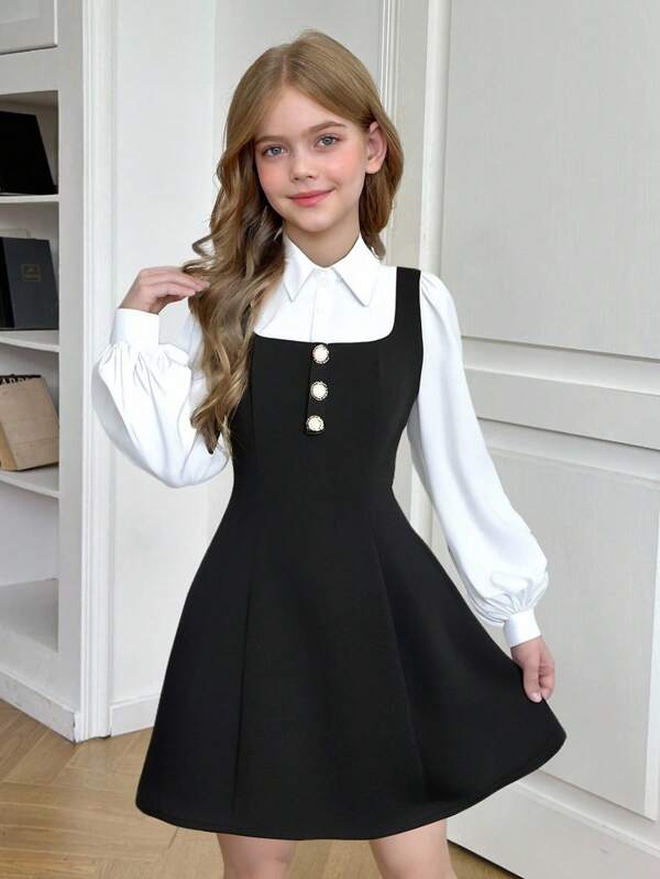 SHEIN Nova Glow Tween Girls Elegant Black White Color Block Turndown Collar Lantern Sleeve 2 In 1 Dress, Fall & Autumn,Back To School,Fall Dresses, Outfits,White Long Sleeve Dresses