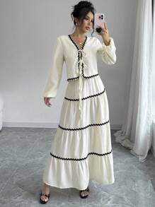 SHEIN Tall 2 件套女士优雅法式灯笼袖系带衬衫和中长裙套装 - 杏色 - 查看 1