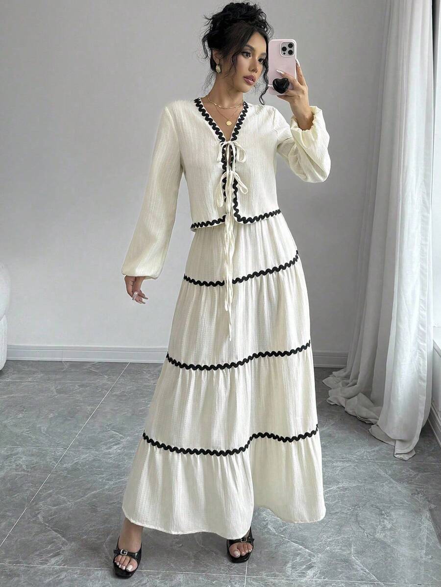 SHEIN Tall 2 件套女士优雅法式灯笼袖系带衬衫和中长裙套装 - 杏色 - 查看 1