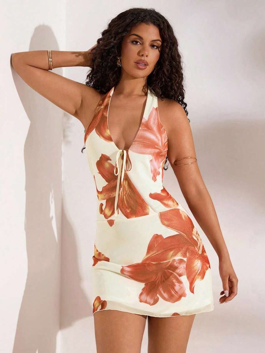 Opulessa Váy ngắn hở lưng gợi cảm in hoa buộc phía trước cho nữ, thích hợp cho kỳ nghỉ - trái cam - Xem 1