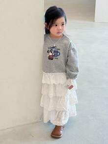 DAZY Toddler Girls' Casual Crew Neck Lace Patchwork Cartoon Print Sweatshirt - Grey - View 2