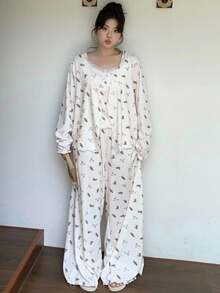 Dazy Plus 3件套加大码女式碎花吊带背心、宽松睡袍和松紧腰裤睡衣套装，秋冬服装 - 杏色 - 查看 3