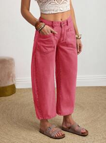 EMERY ROSE 女式双口袋宽松喇叭裤 - 紅色 - 查看 4