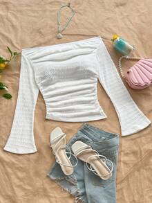 Soleia Women's Light Blue Textured Knit Fabric Ruched Off-Shoulder Flare Sleeve Fitted Casual Top For Vacation, Brunch, Boho White Off Shoulder Top White Off The Shoulder Crop Top White Summer Top White Textured Top White Long Sleeve Off Shoulder Top - White - View 1