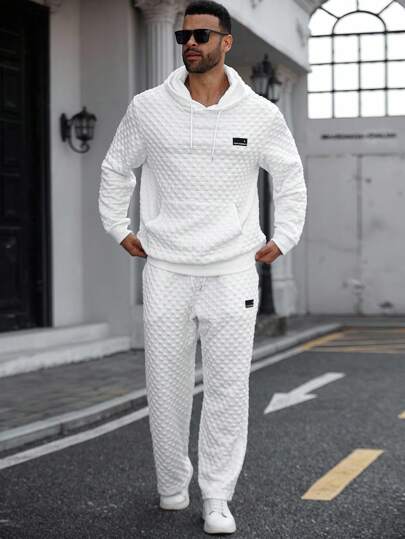 Manfinity Homme 2 sztuki/zestaw: męska bluza z kapturem i spodnie dresowe w dużym rozmiarze, sportowy zestaw z kapturem, dzianinowe spodnie ze ściągaczem w pasie, chrupiący materiał, regularny krój, bluza z kapturem i rękawami typu raglan, minimalistyczny, luksusowy styl, odpowiedni na co dzień, na co dzień, do szkoły, na zewnątrz, na czas wolny, do sportu. Prezent świąteczny, prezent dla chłopaka, przytulne stylizacje, ubrania na jesień.