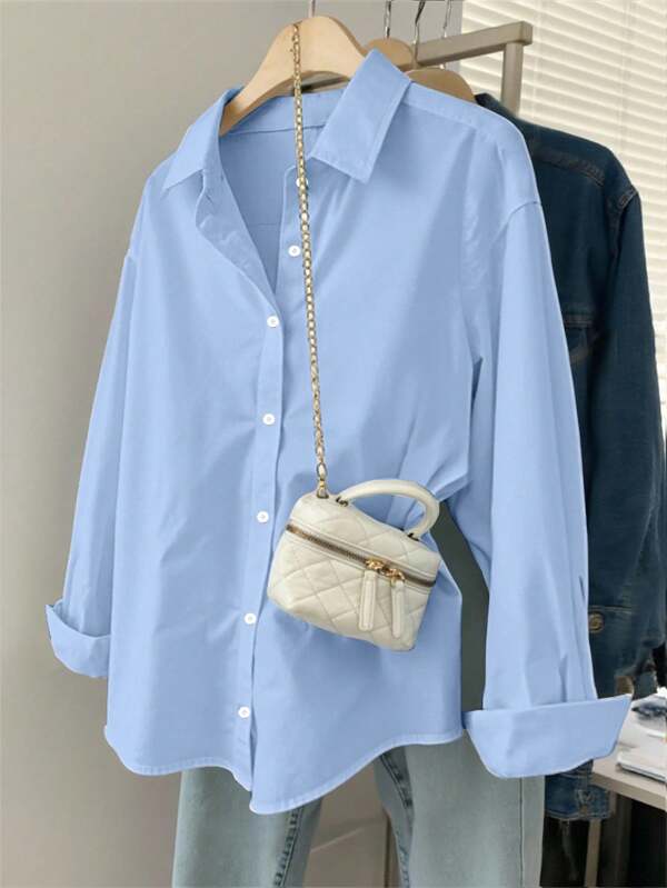 INAWLY Women's Solid Color Single-Breasted Casual Loose Long Sleeve Shirt