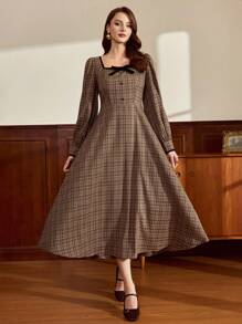 Vintamour Váy cổ điển thanh lịch dành cho nữ, váy cổ vuông viền tương phản ôm sát mùa xuân/hè, váy cài nút nơ, váy xòe tay dài, váy kẻ caro màu cà phê - Cà phê - Xem 6