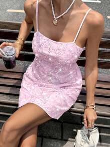 Siren Gaze Vestido corto de mujer con tirantes finos y lentejuelas de moda - Rosa - Ver 5