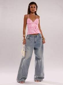 SHEIN BAE Áo hai dây họa tiết hoa sequin thanh lịch nhẹ nhàng dành cho nữ mùa hè - Màu Hồng baby - Xem 6