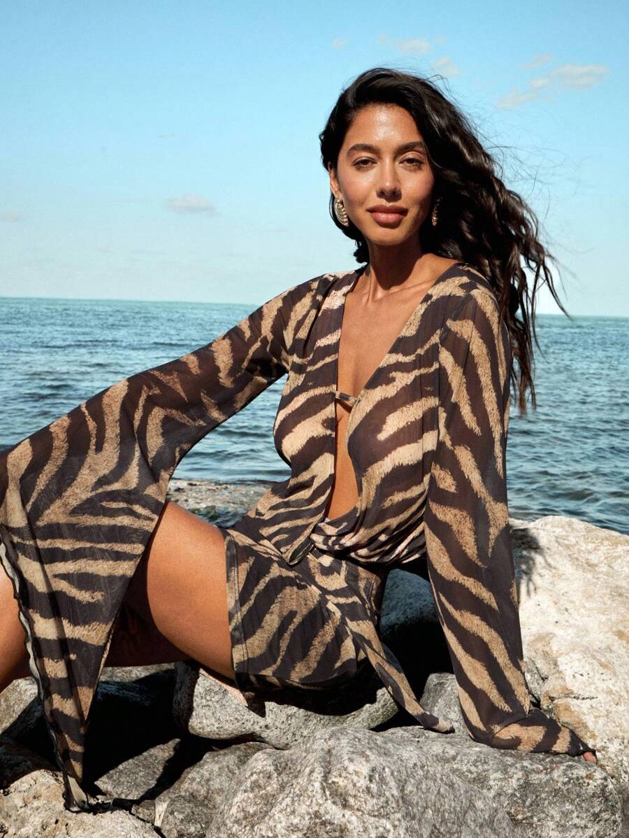 Opulessa Short Pencil Hem Mini Dress In Sheer Mesh With Bold Deep V Neck Design Zebra Print Beachwear Resort Wear,For Autumn And Winter
