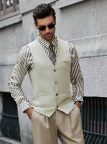 Calvornis 男士纯色商务通勤西装马甲 - 卡其色 - 查看 5