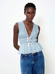 Lumivelle Women's Elegant Bow Decor Camisole, Summer Roupa Para A Universidade