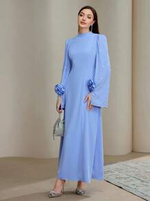 Veilorie 女式纯色立领3D花卉装饰长袖优雅连衣裙