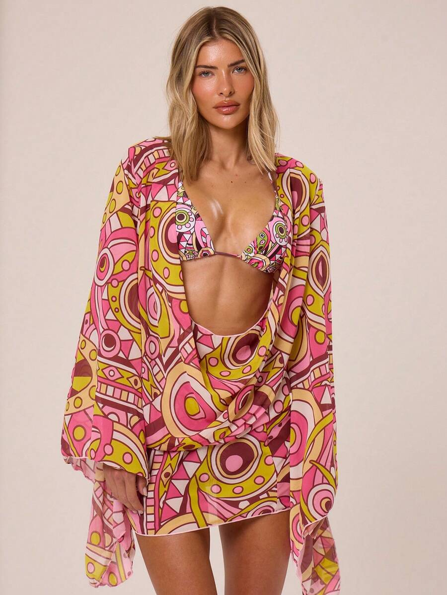 Musera Resort 雪纺网纱长袖深V领罩衫连衣裙 春夏伊比沙岛度假可爱浪漫节日海滩装扮 沙滩嘉年华 - 彩色 - 查看 1