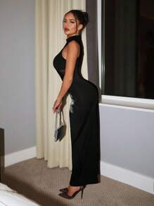 SHEIN SXY Sequin Embroidered Sexy Mesh Patchwork Black Dress, Black Maxi Dress, Mesh Panel Dress, See Through Maxi Dress, Mock Neck Maxi Dress, Rhinestone Maxi Dress,Y2k,Elegant Dresses For Women,Country Concert Outfit,Club Outfits Women Sexy,Prom - Black - View 5