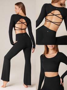 GLOWMODE Seamless Fitted Long Sleeve Crop Tee With Lace-Up Back Light Support Low Impact Yoga Daily Gym