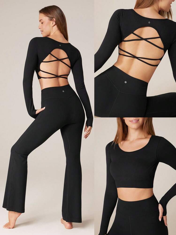 Maglia crop a maniche lunghe attillata e senza cuciture con lacci sul retro. Supporto leggero per yoga a basso impatto per luso quotidiano