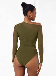 Cheerfulab Asymmetrical Keyhole Off-Shoulder Sheer Mesh Bodysuit Women Vacation Spring & Summer Beach - Army Green - View 2