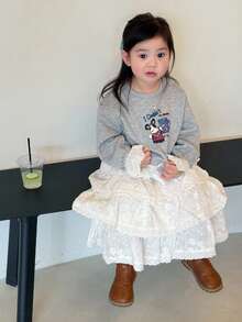 DAZY Toddler Girls' Casual Crew Neck Lace Patchwork Cartoon Print Sweatshirt - Grey - View 6