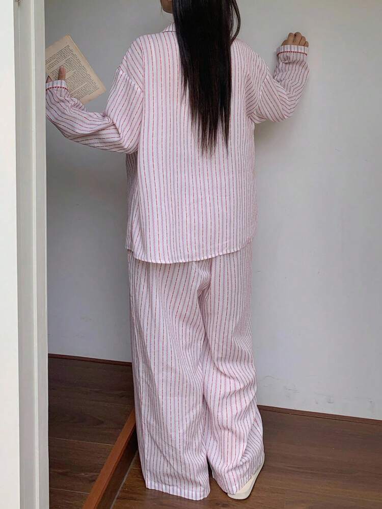 Dazy Plus Plus 2pcs Loose Striped Long Sleeve Top And Pants Pajama Set, Pink Sleepwear, Fall Clothes