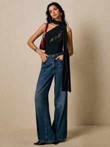 Poéselle Women's Sexy Lace Patchwork One Shoulder Blouse, Lace Top, Y2k Tops,Off The Shoulder Top,Work Tops,Winter Tops,Business Casual Woman,Office Outfits For Women,Old Money Style Women,Classy Outfits For Women, Fall Clothes For Women,Winter Clothes For Women