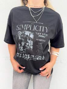 Jeta Ari Camiseta Oversized com Estampa de Slogan, Ombro Caído, "TO EM LACE THE FUTURE IMPLICITY LET LOVE SHINE HEARTEN MY LIFE IS FULL OF HAPPINESS SEIZE THE DAY"
