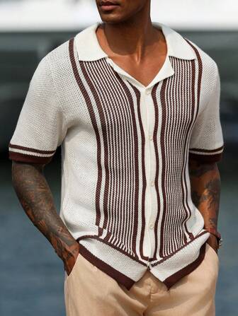 Manfinity Nomadique Men's Striped Single-Breasted Short Sleeve Casual Knit Top