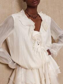 Lumalex VITNOS 秋冬聚会宴会端庄老钱风骚闪光节日派对狂欢节郊游度假热门户外丰富层次婚礼季宴会 VITNOS 女式纯色 3D 花卉装饰前系带长袖时尚迷你连衣裙 - 杏色 - 查看 4