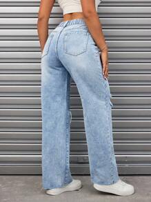 SHEIN ICON 大码女式宽松直筒破洞牛仔裤，带口袋，休闲无弹力牛仔裤 - 藍色 - 查看 2