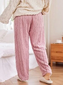 SHEIN Plus Size Cozy Warm Fleece Fluffy Sleep Bottoms, Fall Winter - Pink - View 2