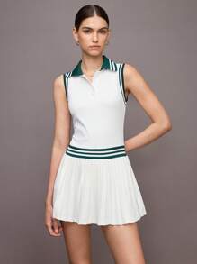 Activina 女式条纹领褶下摆无袖运动连衣裙 - 白色 - 查看 3